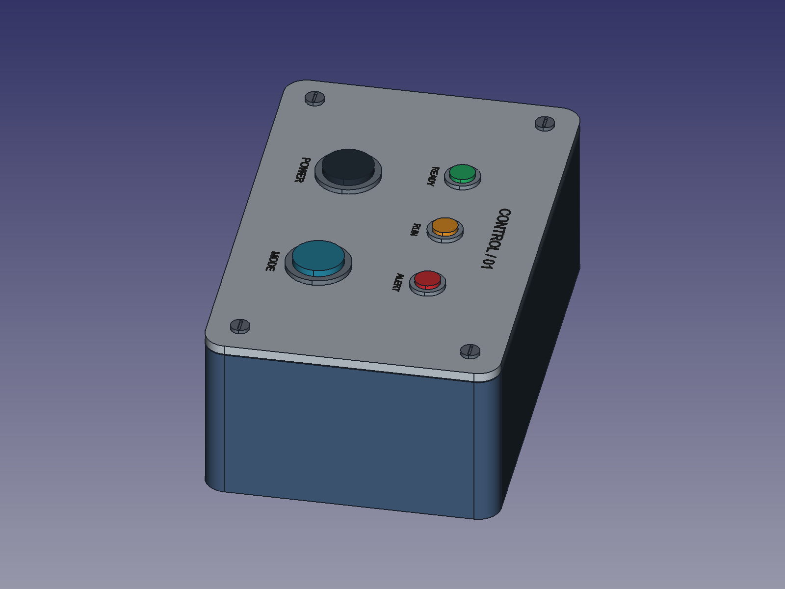 Completed parametric control box displayed in FreeCAD