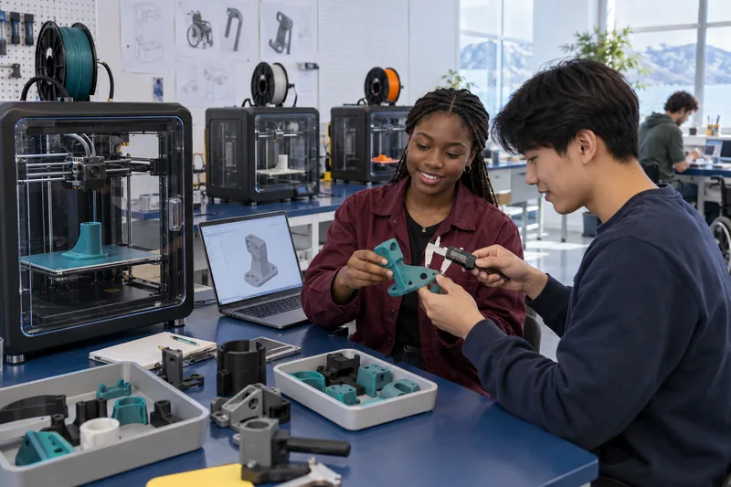 Konseptillustrasjon: Unge utviklere måler en 3D-printet brakett i et rom med flere 3D-printere.