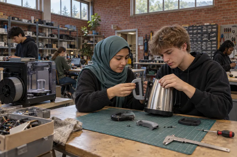 Konseptillustrasjon: Unge utviklere prøvemonterer en 3D-printet reservedel i et reparasjonsverksted.