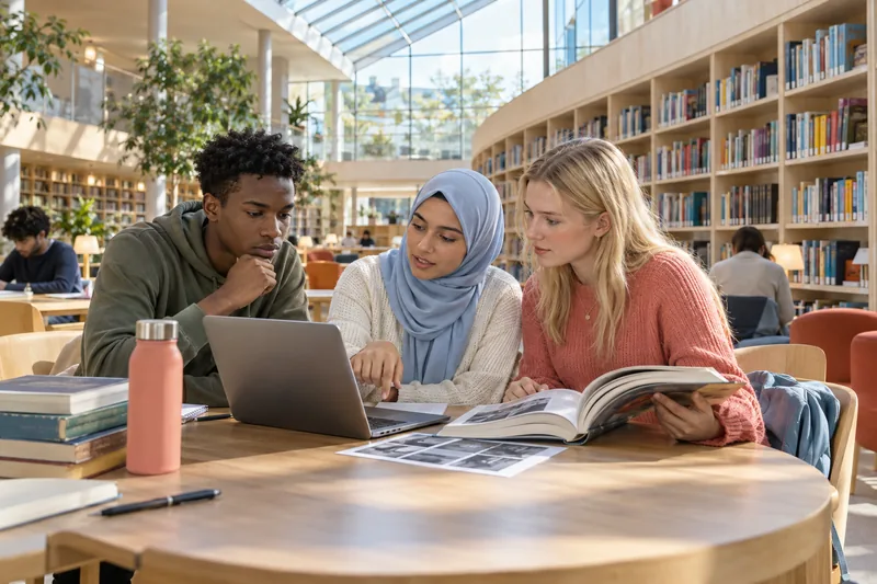 Konseptillustrasjon: Ungdom sammenligner digitale kilder med en bok på biblioteket.