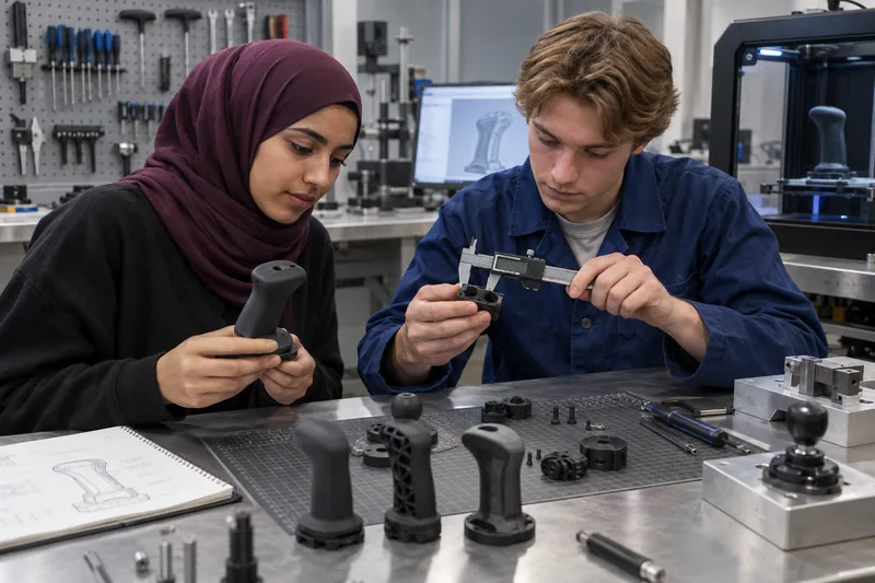 Konseptillustrasjon: Unge utviklere undersøker 3D-printede grep og adaptere med måleverktøy.