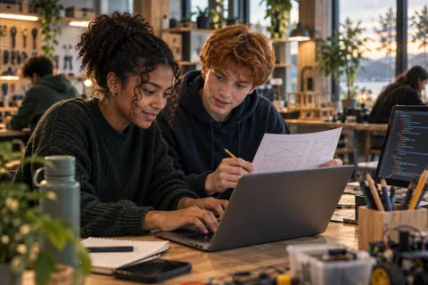 Konseptillustrasjon: To ungdommer utvikler en nettside med laptop og en tegnet skisse.