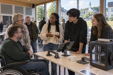 Konseptillustrasjon: Unge viser tilgjengelighetsteknologi og prototyper til et fellesskap med ulike aldre.